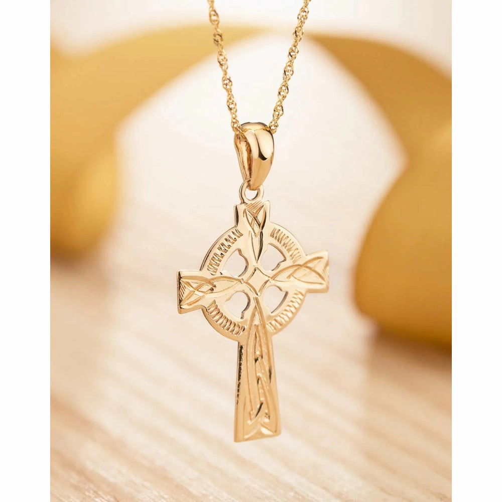 14k Engraved Celtic Cross Pendant Necklace