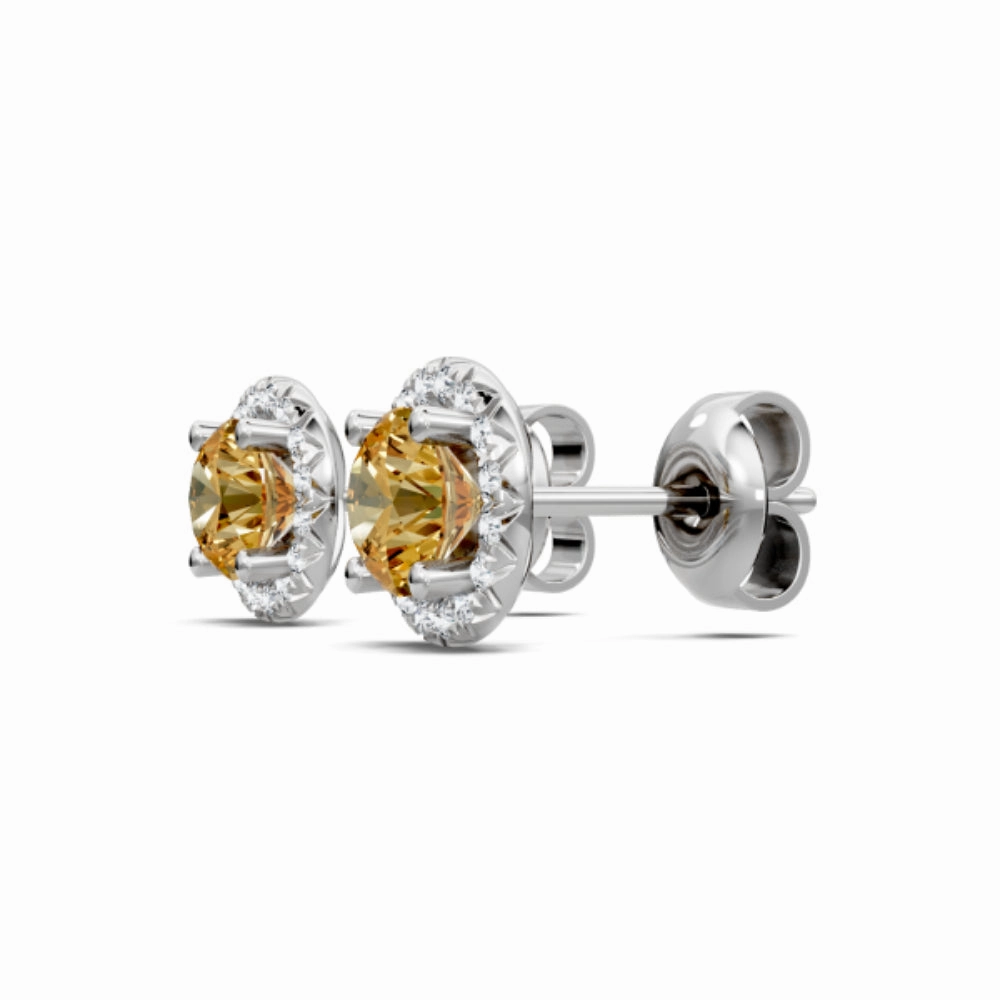14k Gold 5mm Citrine and Diamond Halo Earrings