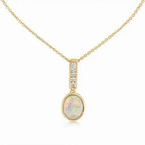 14k Gold Australian Opal and Diamond Pendant Necklace