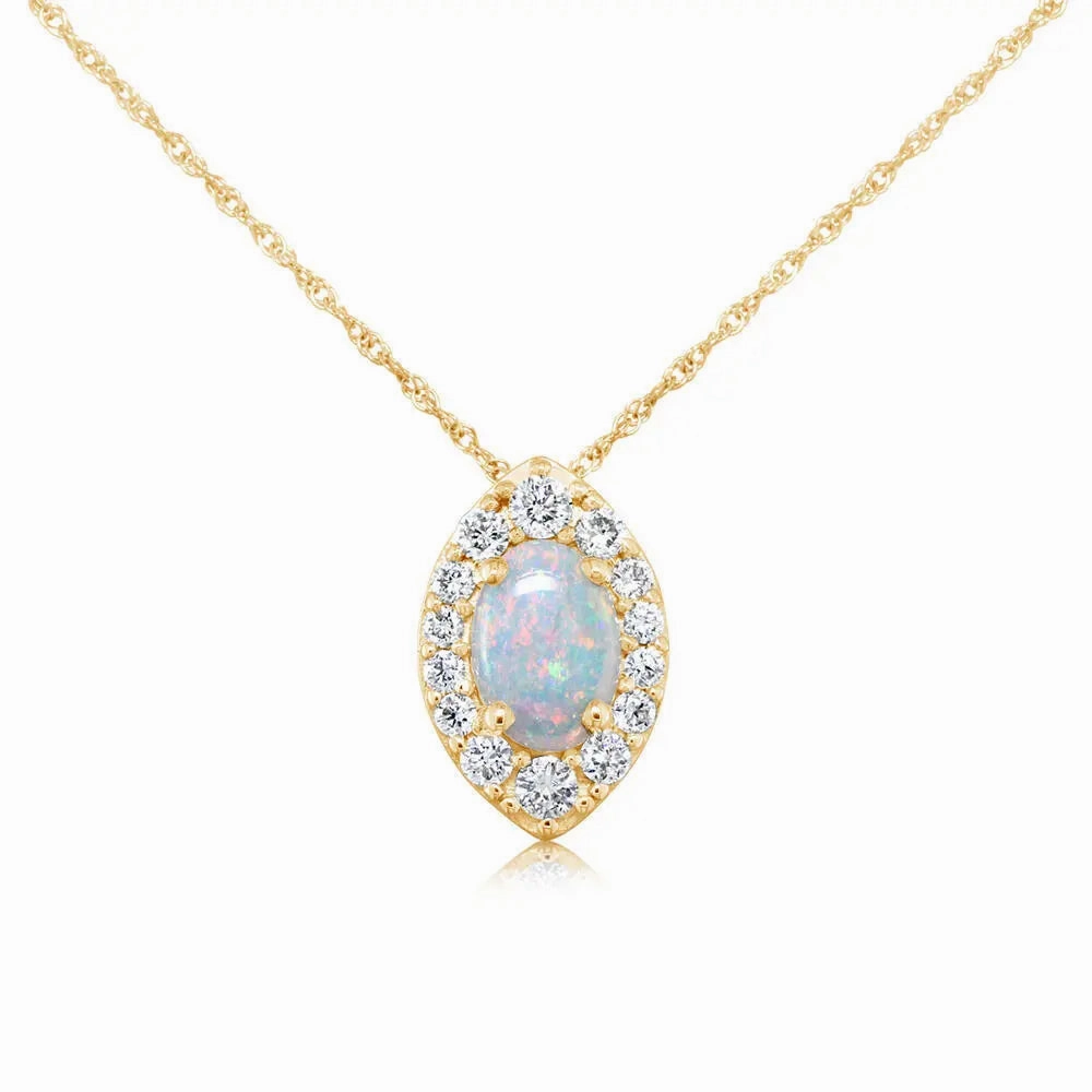 14k Gold Australian Opal and Diamond Pendant Necklace