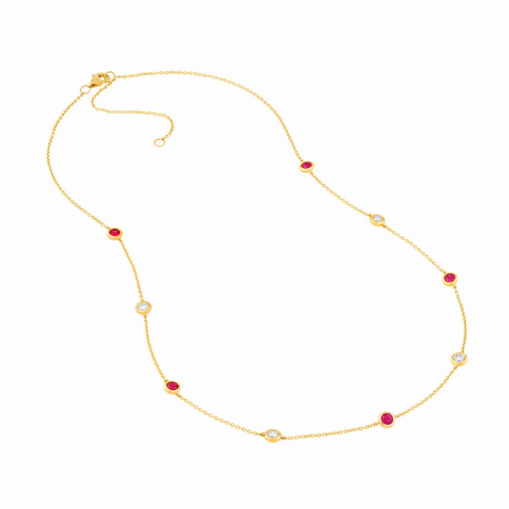 14k Gold Ruby and Diamond Station Necklace