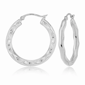 14k White Gold Embossed Hoop Earrings