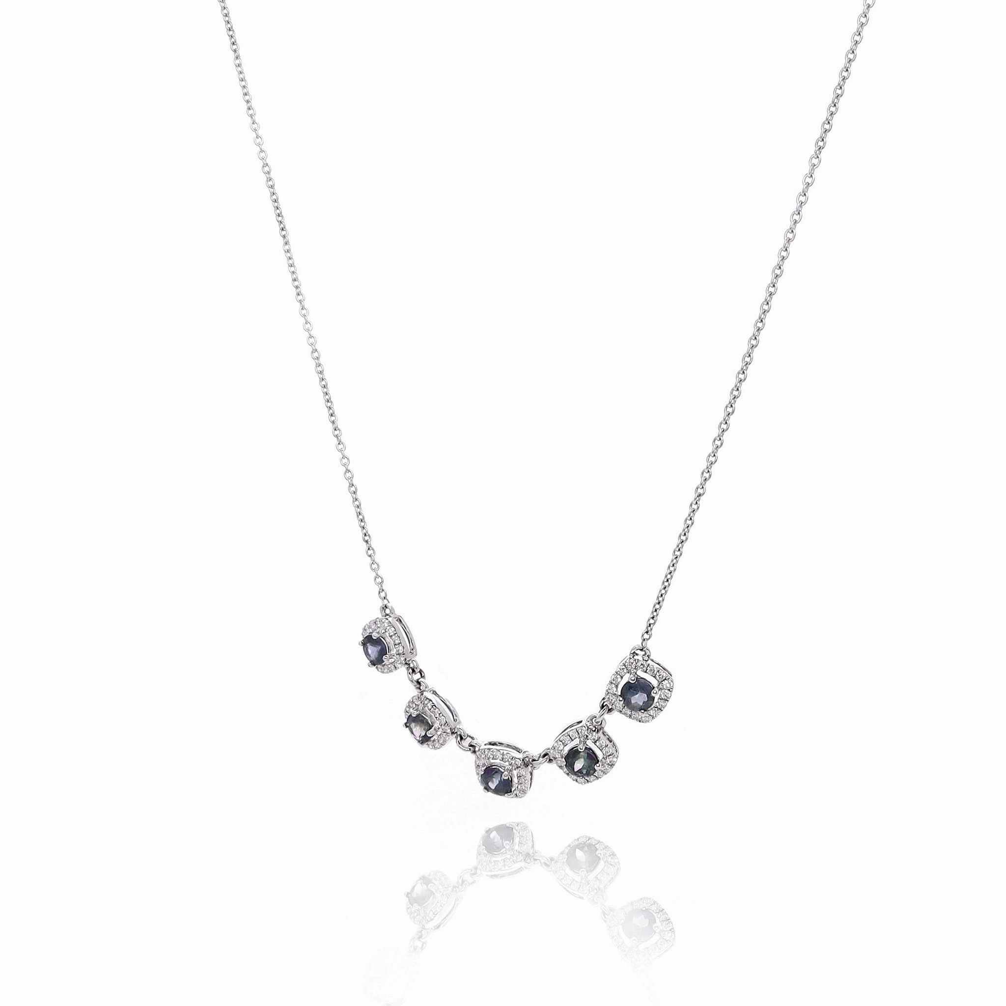 14k White Gold Round Alexandrite and Diamond Halo Station Necklace