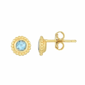 14k Yellow Gold Beaded Edge Swiss Blue Topaz Stud Earrings