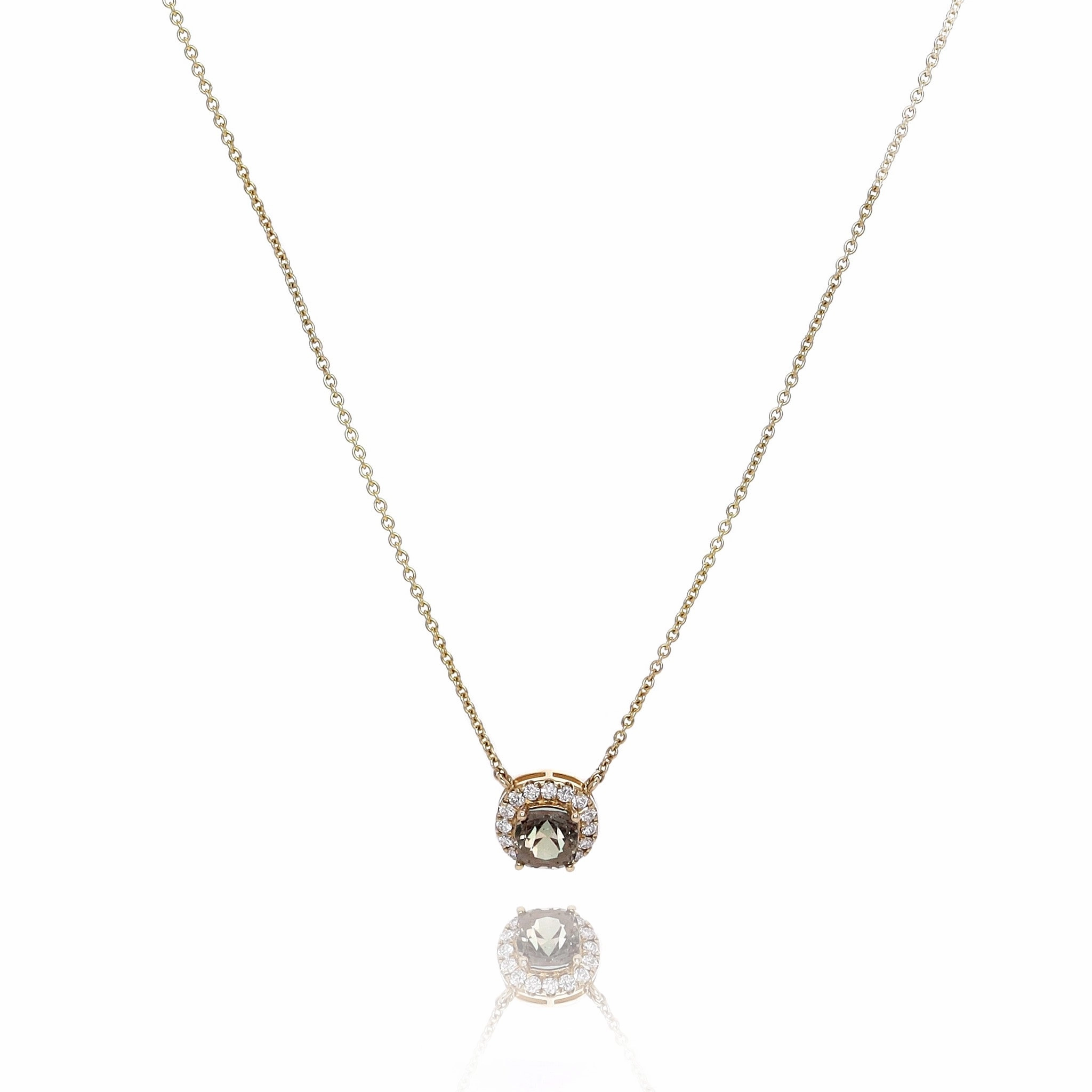 14k Yellow Gold Cushion Alexandrite and Diamond Halo Pendant Necklace
