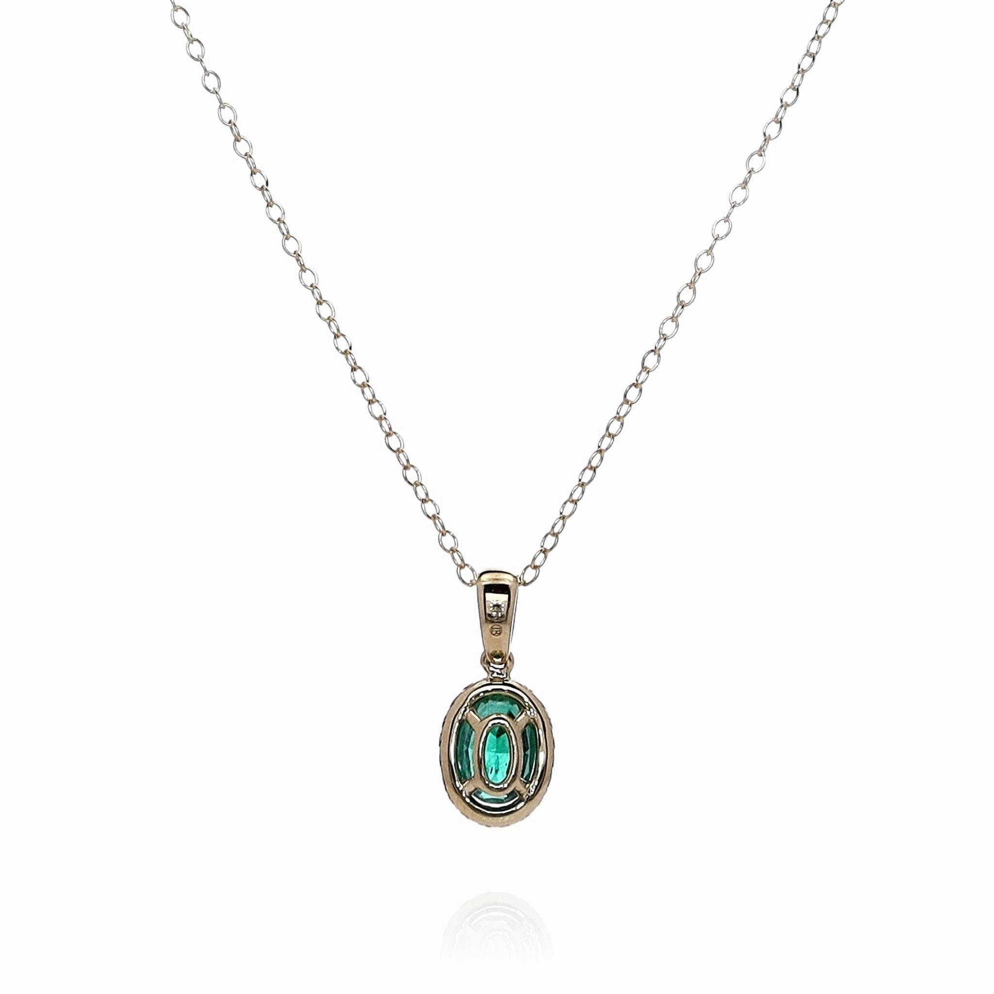 14k Yellow Gold Oval Emerald and Diamond Halo Pendant Necklace