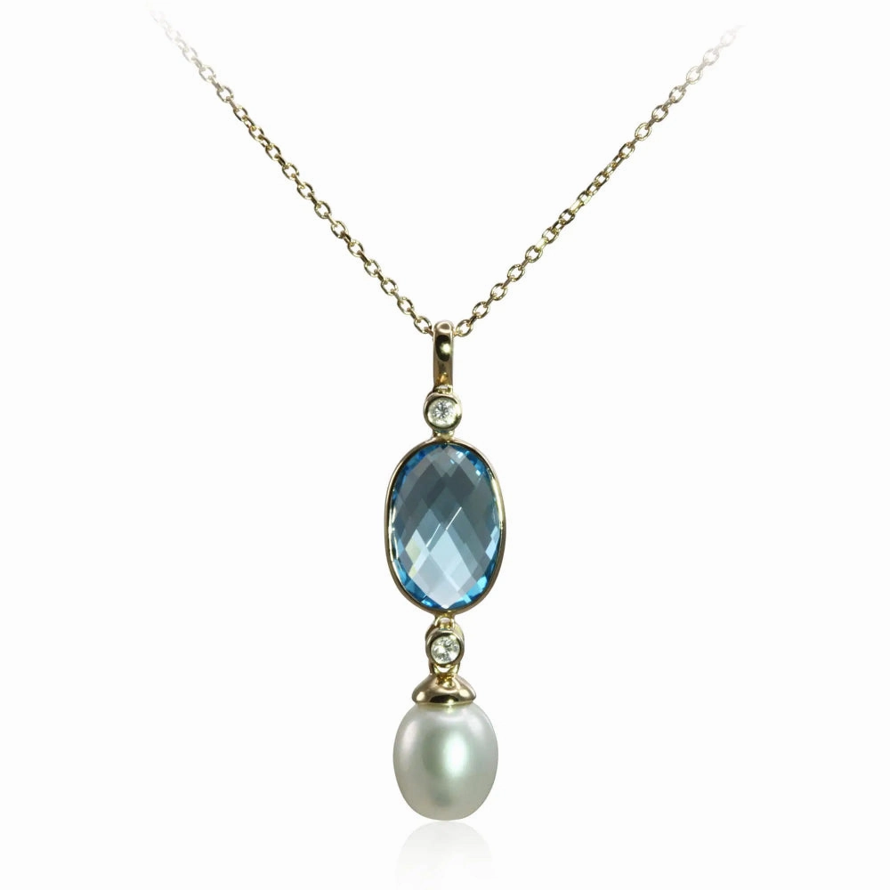 14Y Swiss Blue Topaz & Pearl Pendant Necklace
