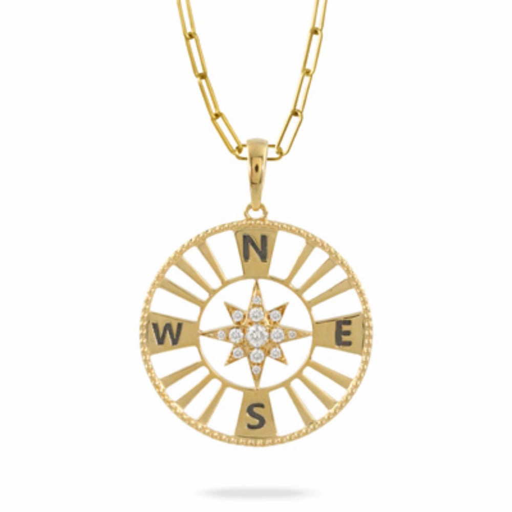 18k Gold Compass Medallion Necklace with Diamonds