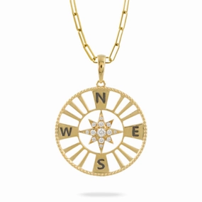 18k Gold Compass Medallion Necklace with Diamonds