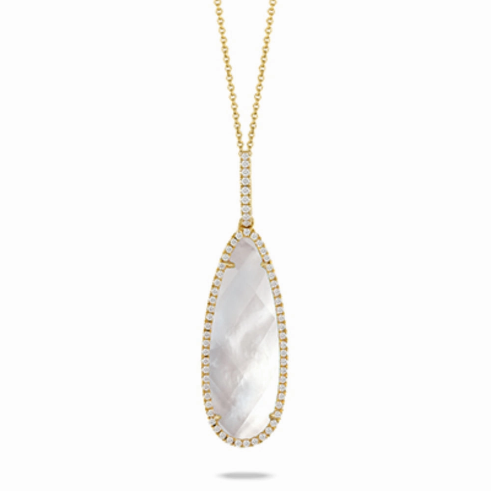 18k Gold Mother of Pearl Drop Pendant Necklace with Diamonds