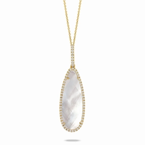 18k Gold Mother of Pearl Drop Pendant Necklace with Diamonds
