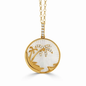18k Mother of Pearl Palm Tree Pendant Necklace with Diamonds