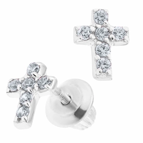 Children's Silver CZ Cross Earrings