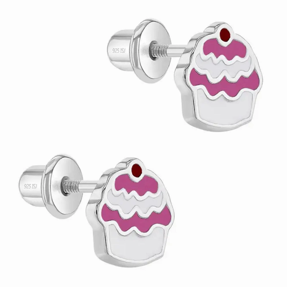 Children's Sterling Silver & Enamel Cupcake Stud Earrings
