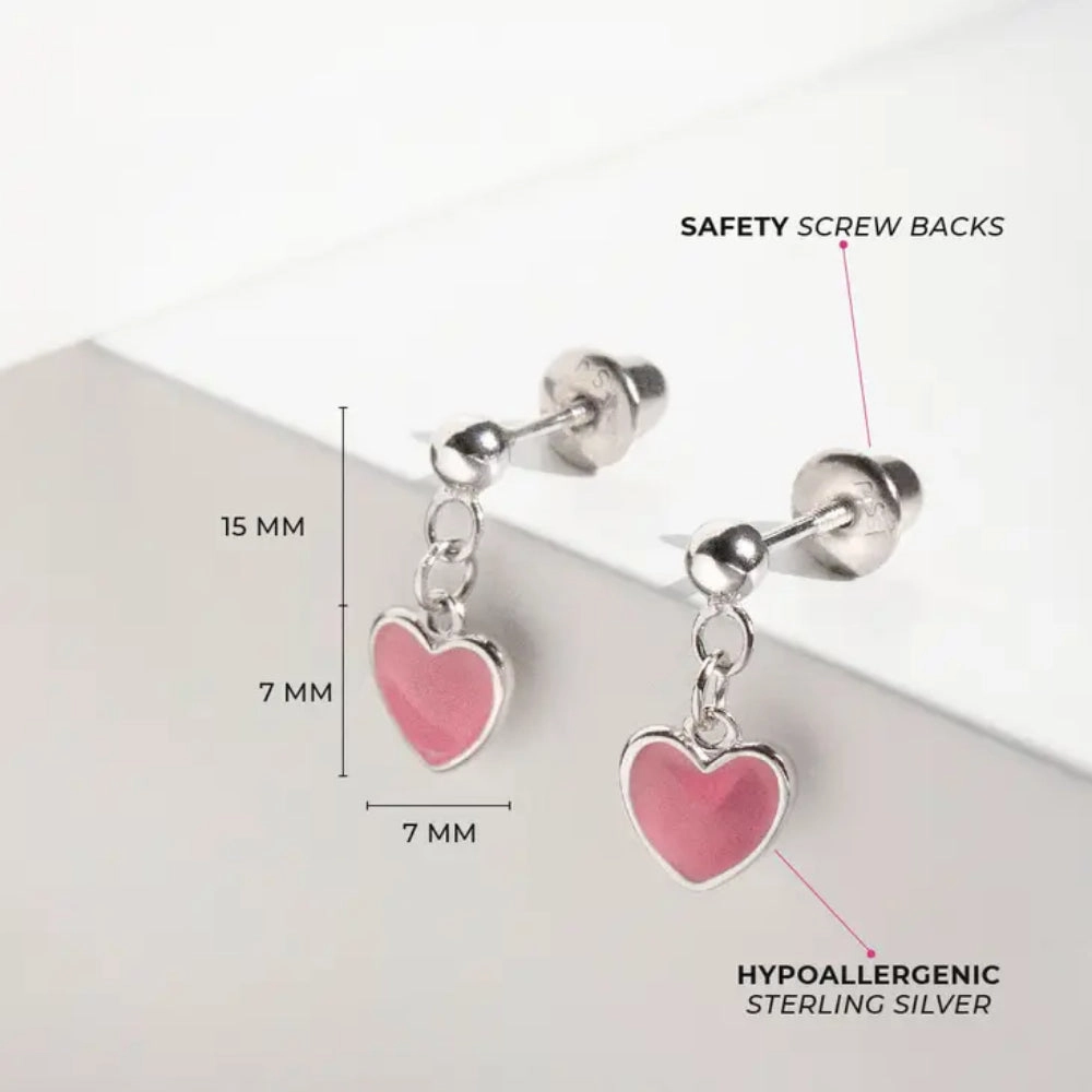 Children's Sterling Silver & Pink Enamel Heart Dangle Screwback Earrings