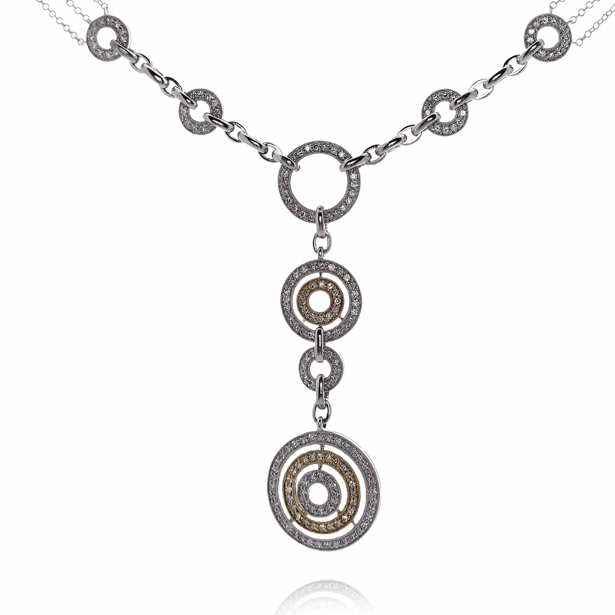 Estate 14 Karat Two-Tone "Y" Design Pave Diamond Medallion Pendant Necklace