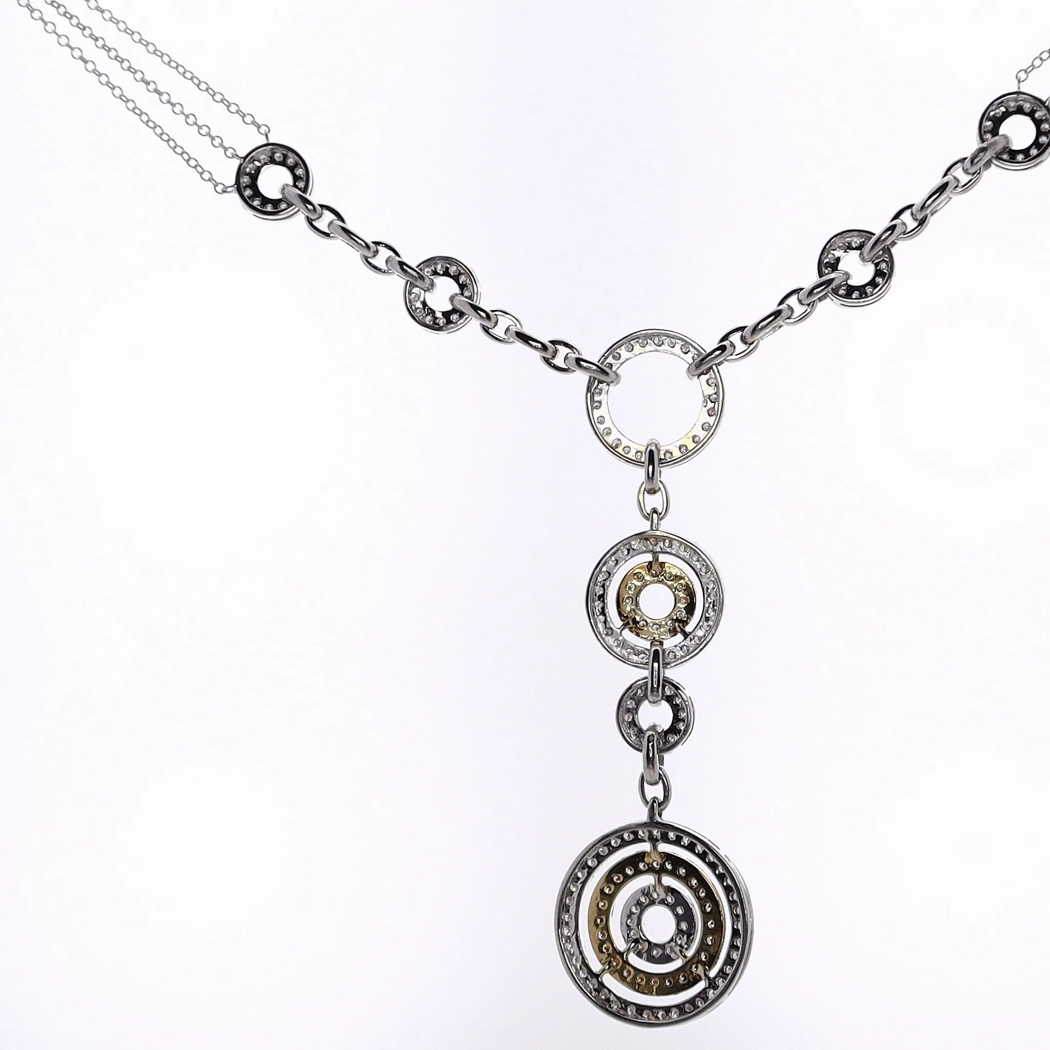 Estate 14 Karat Two-Tone "Y" Design Pave Diamond Medallion Pendant Necklace