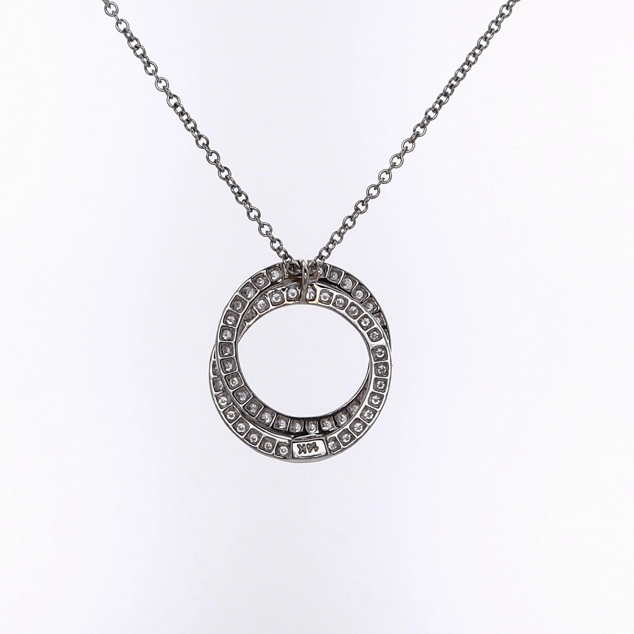 Estate 14 Karat White Gold Interlocking Circles Diamond Pendant Necklace