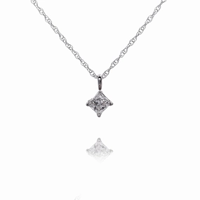 Estate 14 Karat White Gold Solitaire Princess Cut Diamond Pendant Necklace
