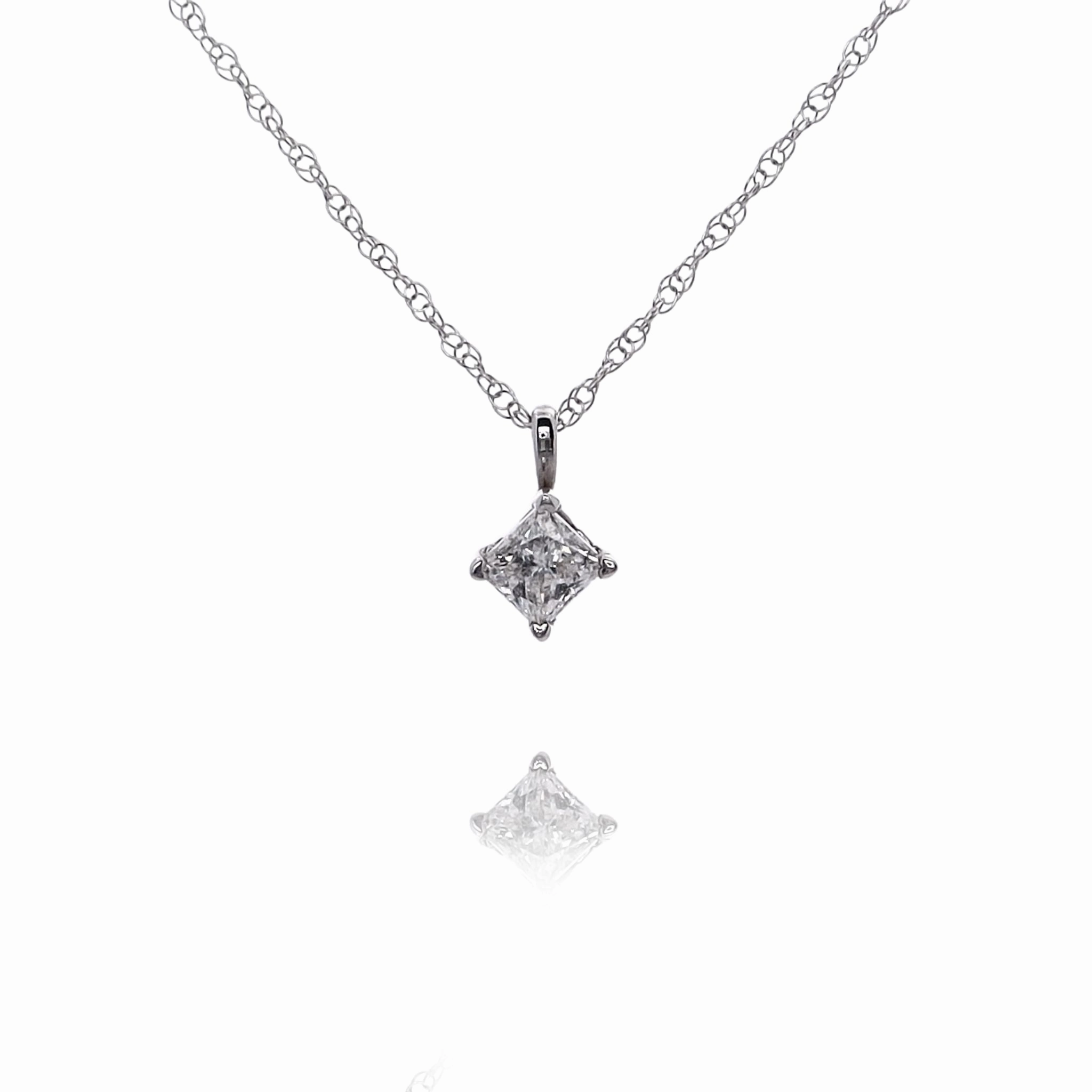 Estate 14 Karat White Gold Solitaire Princess Cut Diamond Pendant Necklace
