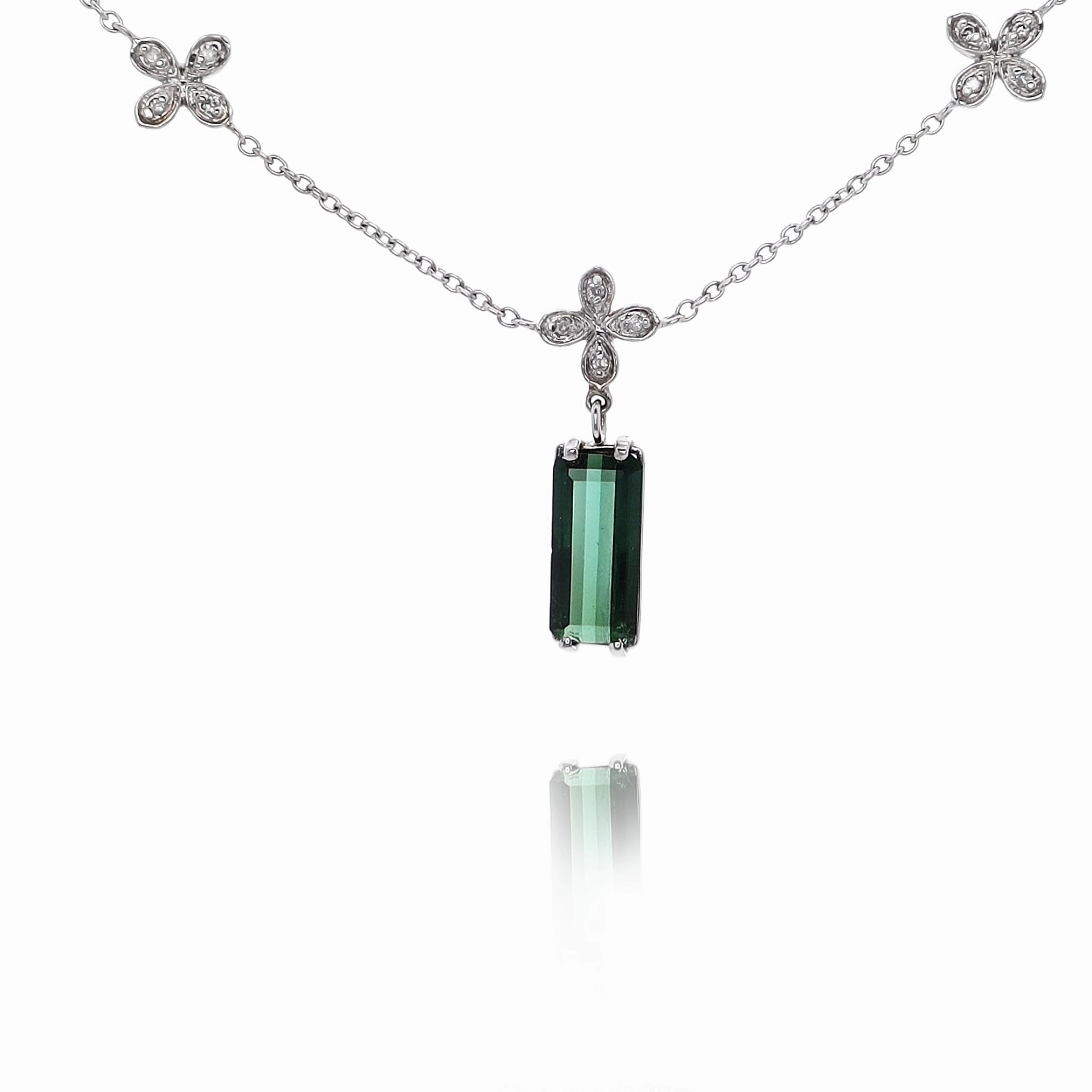 Estate 14 Karat White Gold Tourmaline and Diamond Pendant Necklace