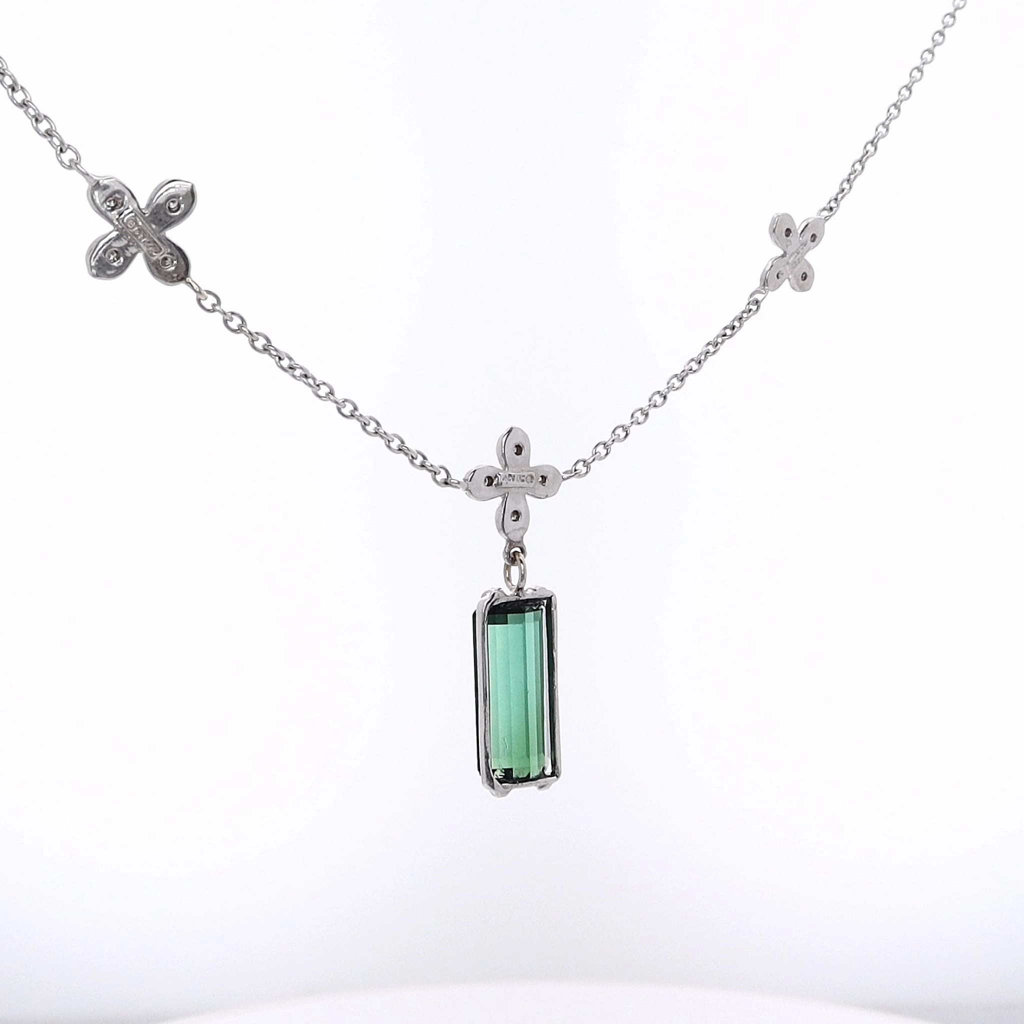 Estate 14 Karat White Gold Tourmaline and Diamond Pendant Necklace