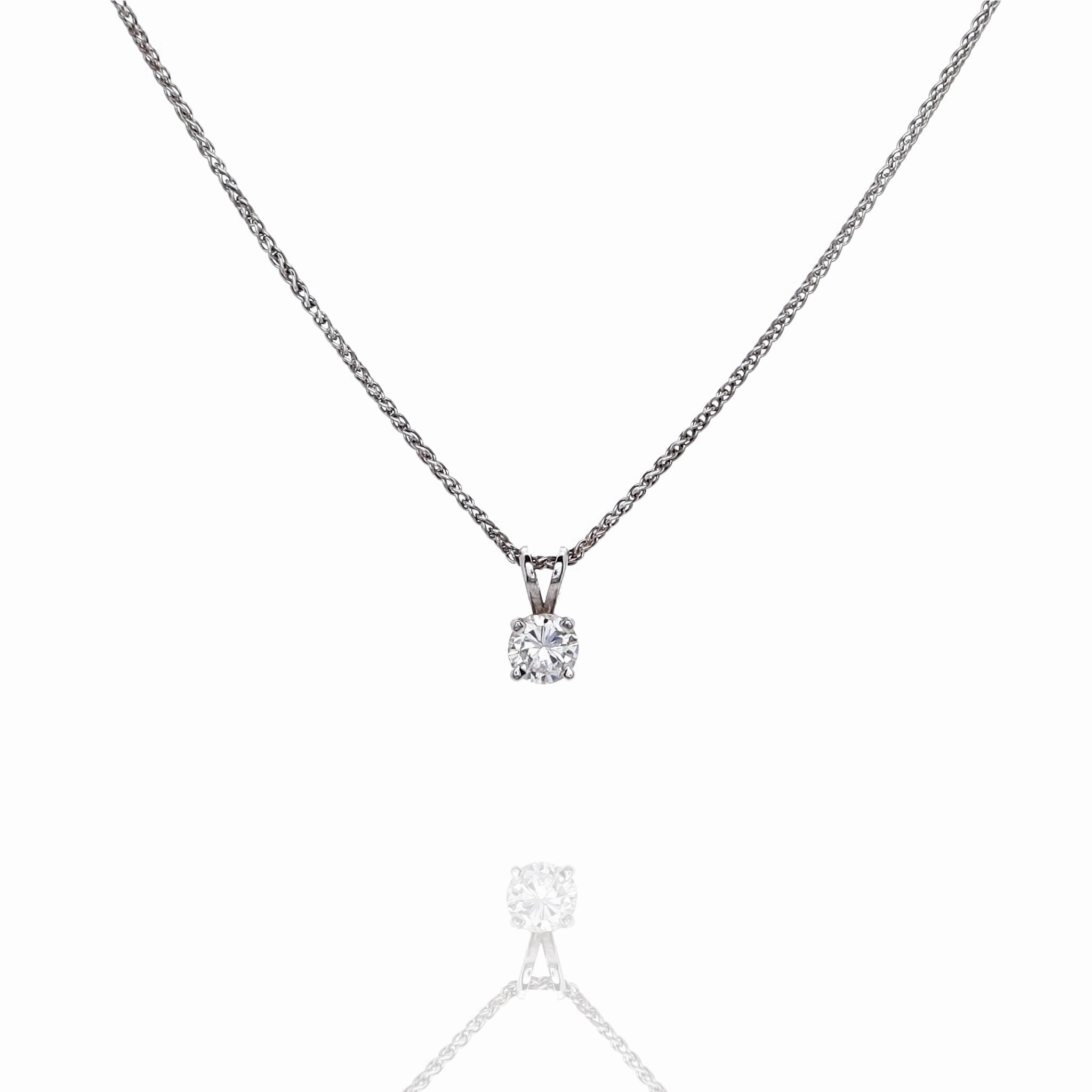 Estate 14k White Gold and Diamond Wheat Chain 4 Prong Solitaire Pendant Necklace