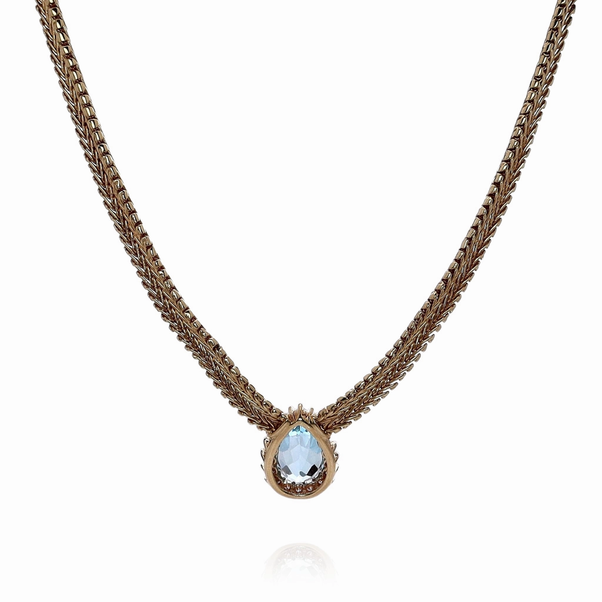 Estate 14k Yellow Gold Domed Wheat Chain Blue Topaz and Diamond Necklace