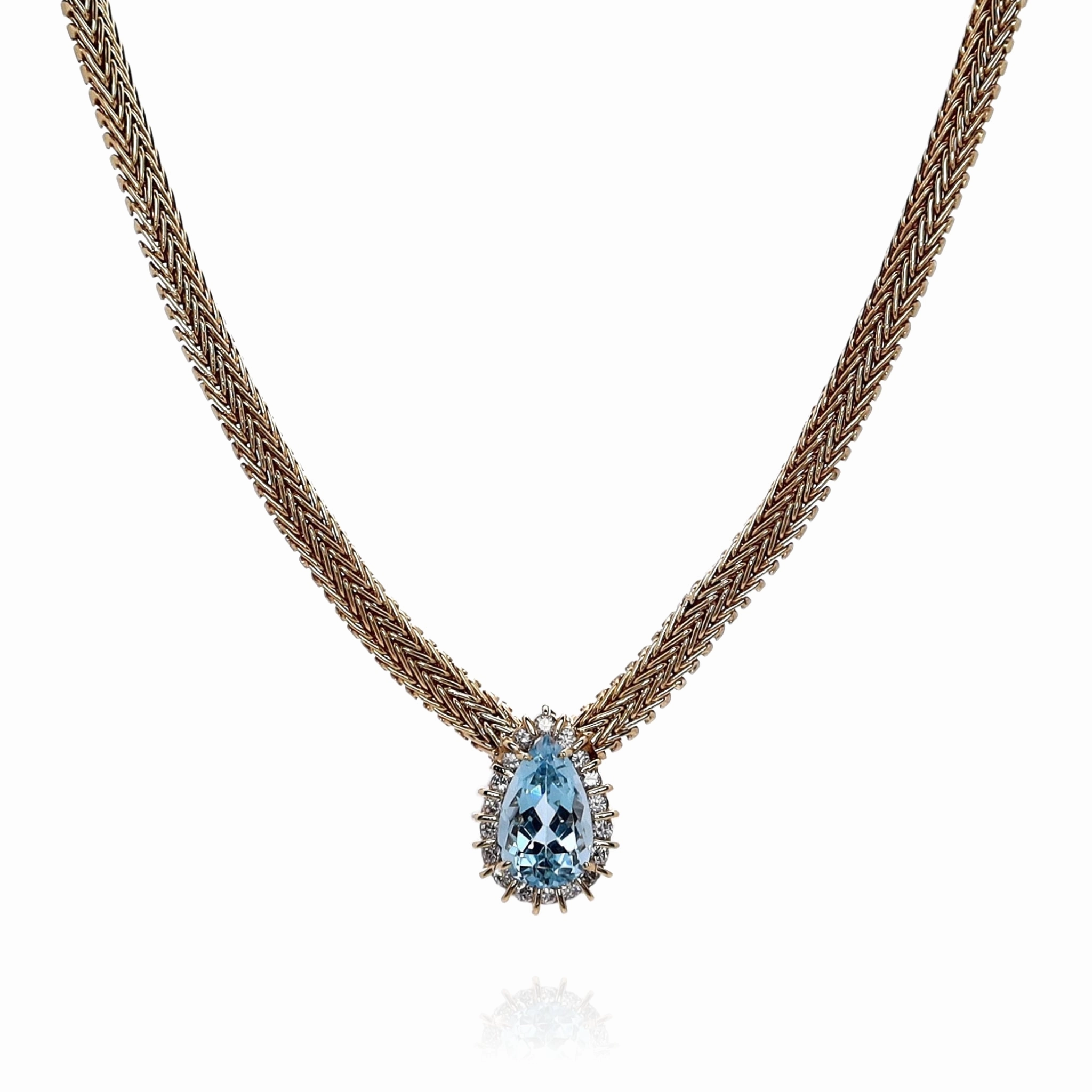 Estate 14k Yellow Gold Domed Wheat Chain Blue Topaz and Diamond Necklace