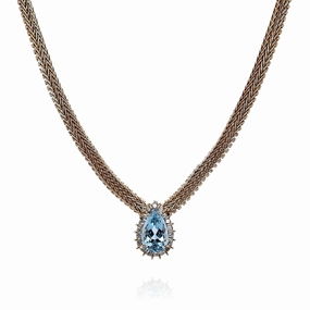 Estate 14k Yellow Gold Domed Wheat Chain Blue Topaz and Diamond Necklace