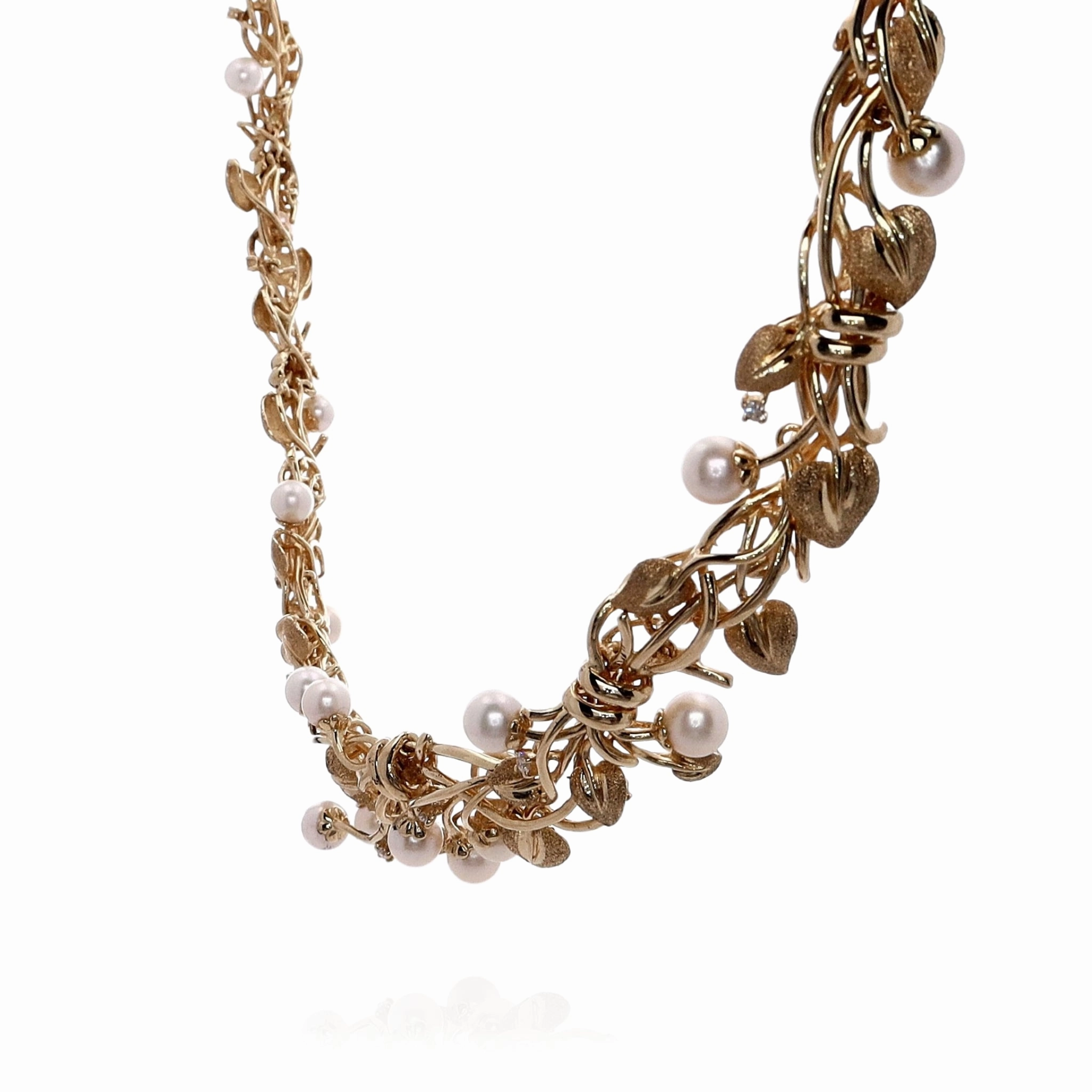 Estate 14k Yellow Gold Textured and Polished Vine Pattern Pearl and Diamond Collar Necklace