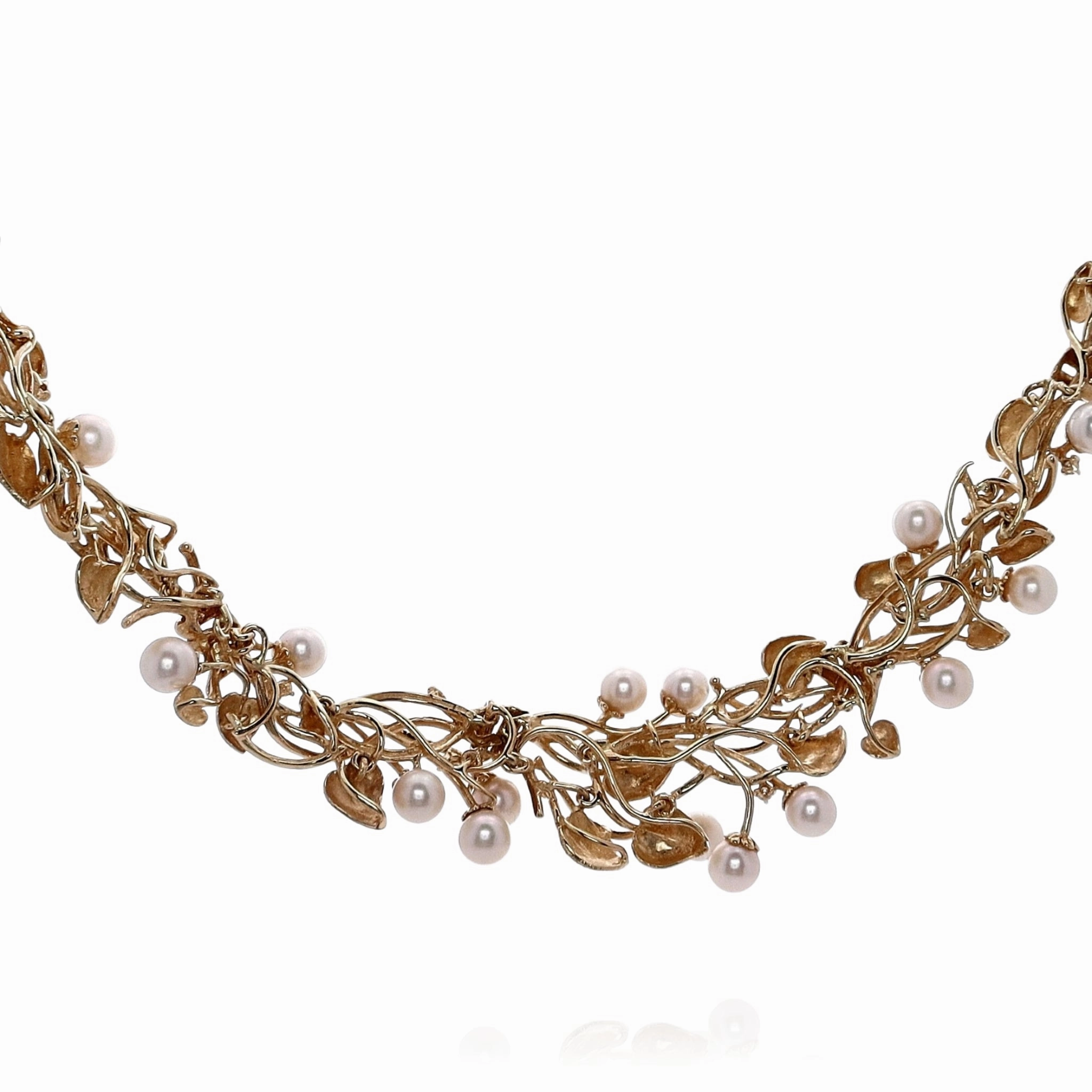 Estate 14k Yellow Gold Textured and Polished Vine Pattern Pearl and Diamond Collar Necklace