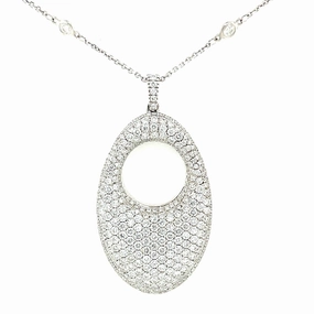 Estate 18k White Gold Pave Diamond Oval Pendant Necklace