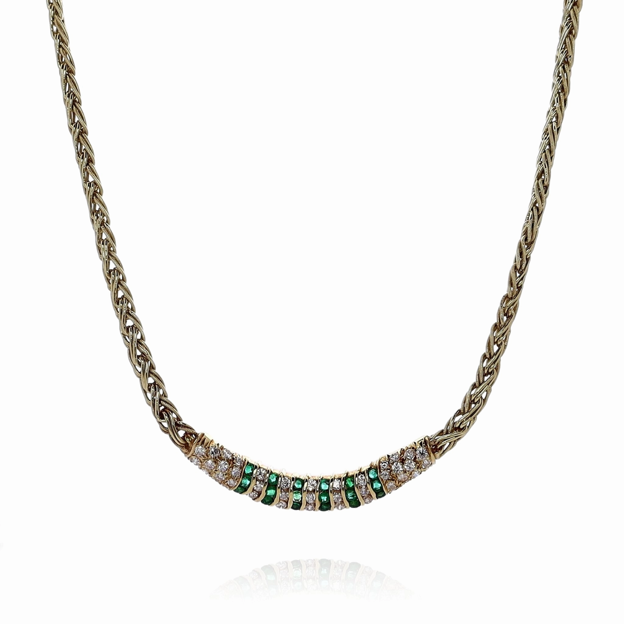 Estate 18k Yellow Gold Woven Chain Alternating Emerald and Diamond Necklace