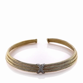 Estate David Yurman 14k Yellow Gold 3 Row Cable "X" Design Diamond Station Collar Necklace