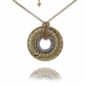 Estate David Yurman 18 Karat Yellow Gold Circle Cable Disc Diamond Pendant Necklace