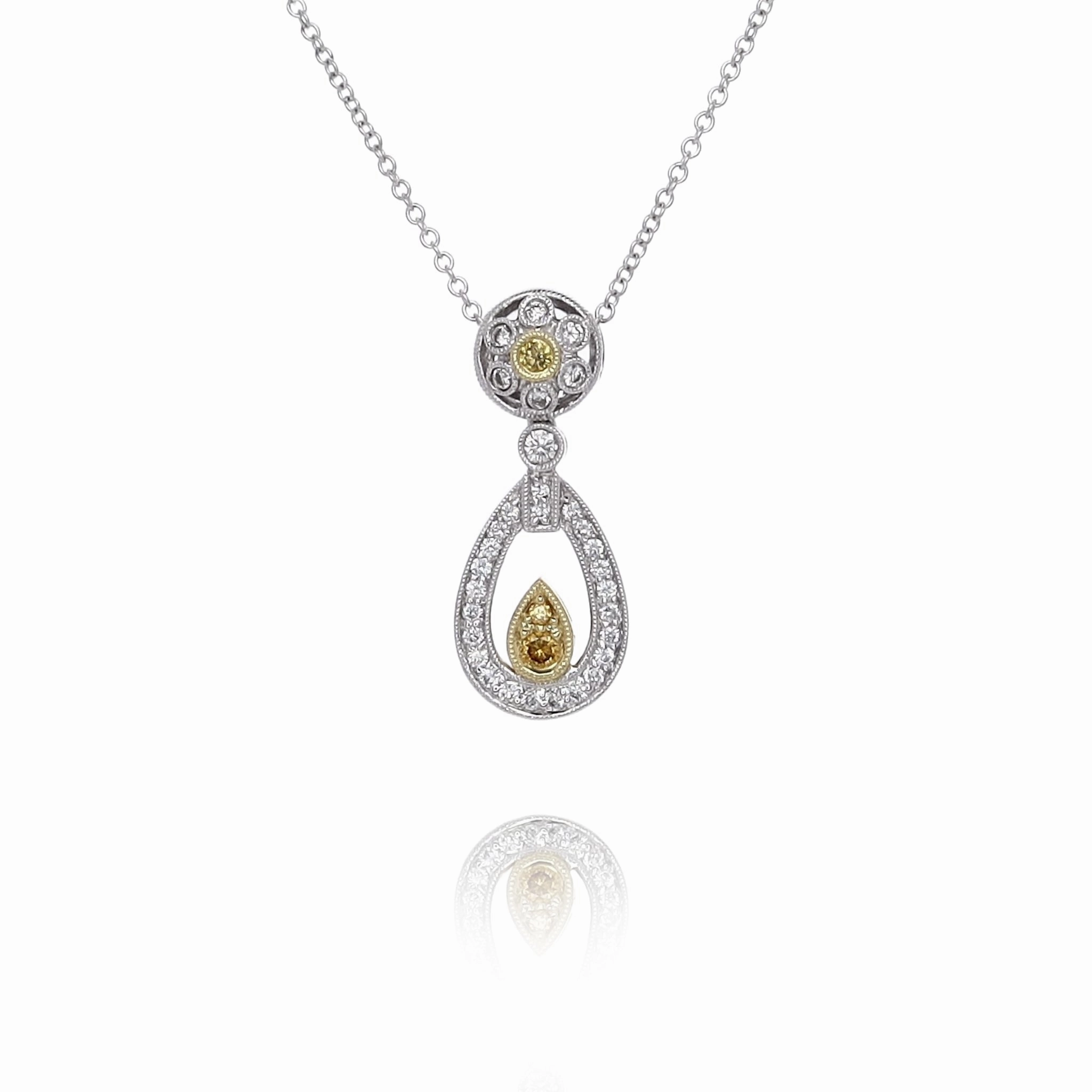 Estate Simon G 18 Karat Two-Tone Diamond Tear Drop Design Pendant Necklace
