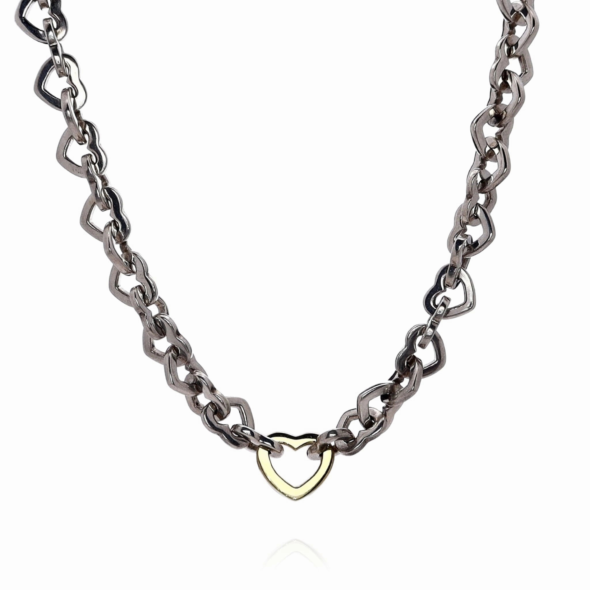 Estate Tiffany & Co Two Tone 16" Polished Heart Link Chain Necklace