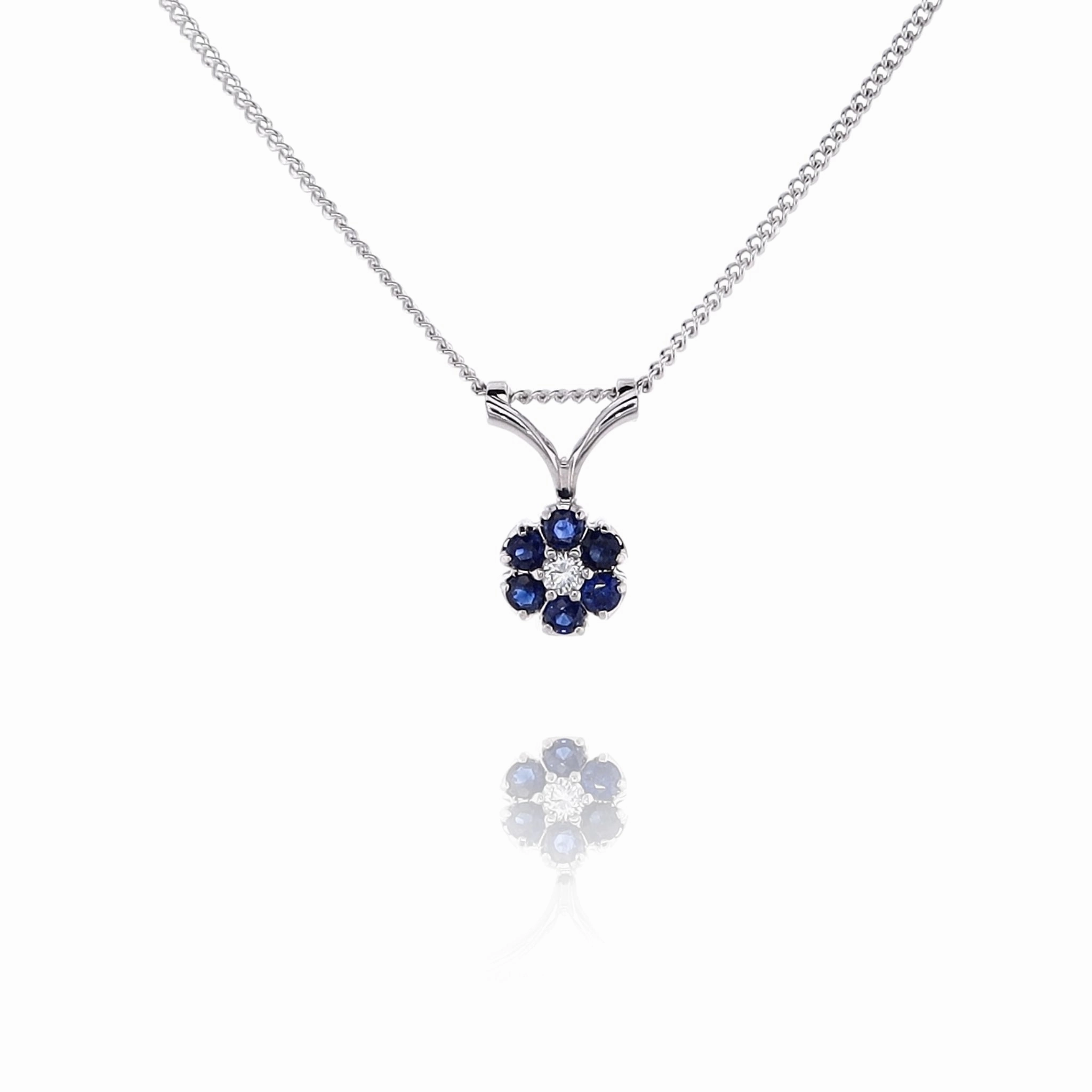 Estate White Gold Flower Motif Diamond and Sapphire Pendant Necklace