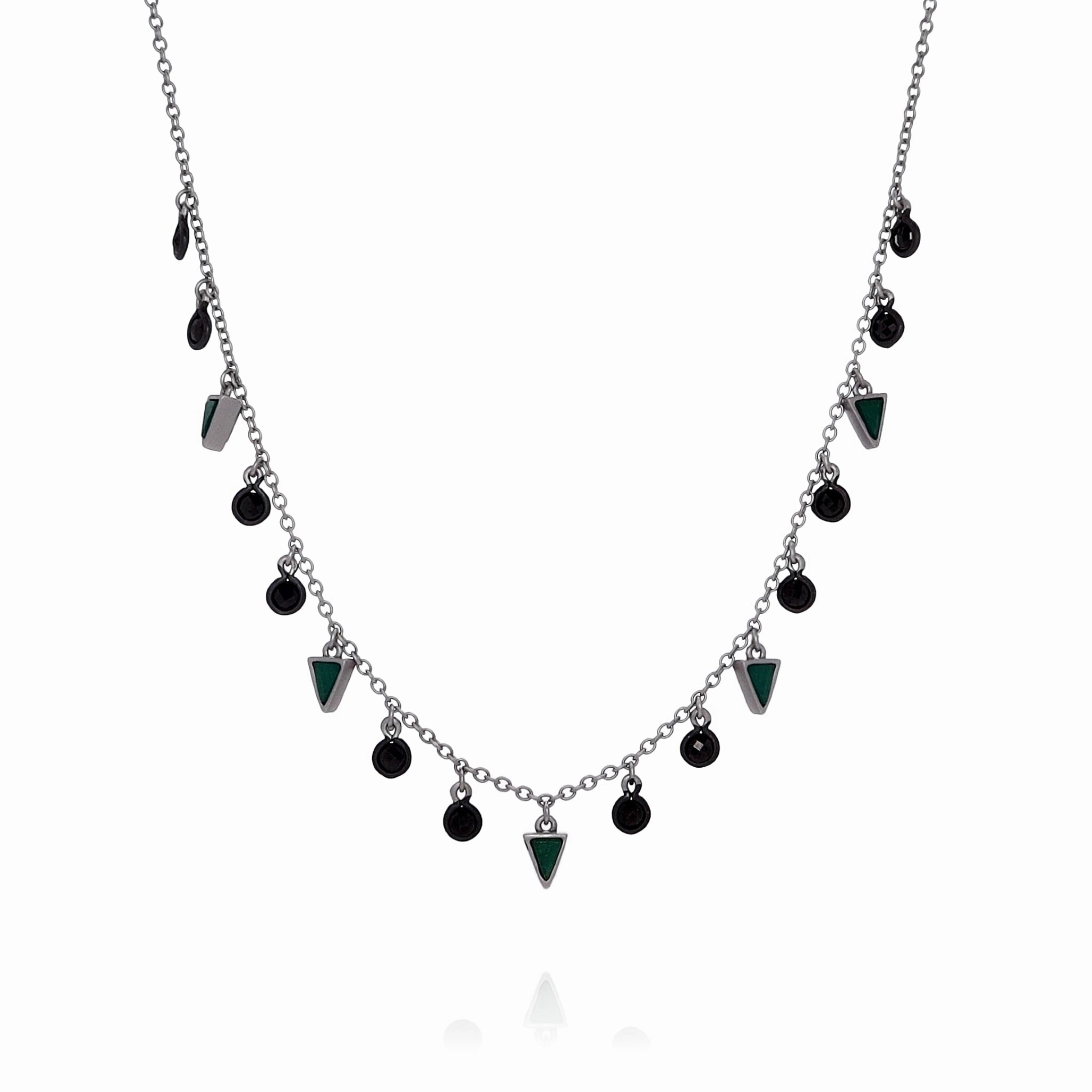 Freida Rothman Sterling Silver Green Agate and Black Cubic Zirconia Necklace