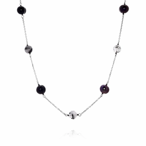 Honora Sterling Silver 18" Jet Ring Pearl and Rutile Station Necklace