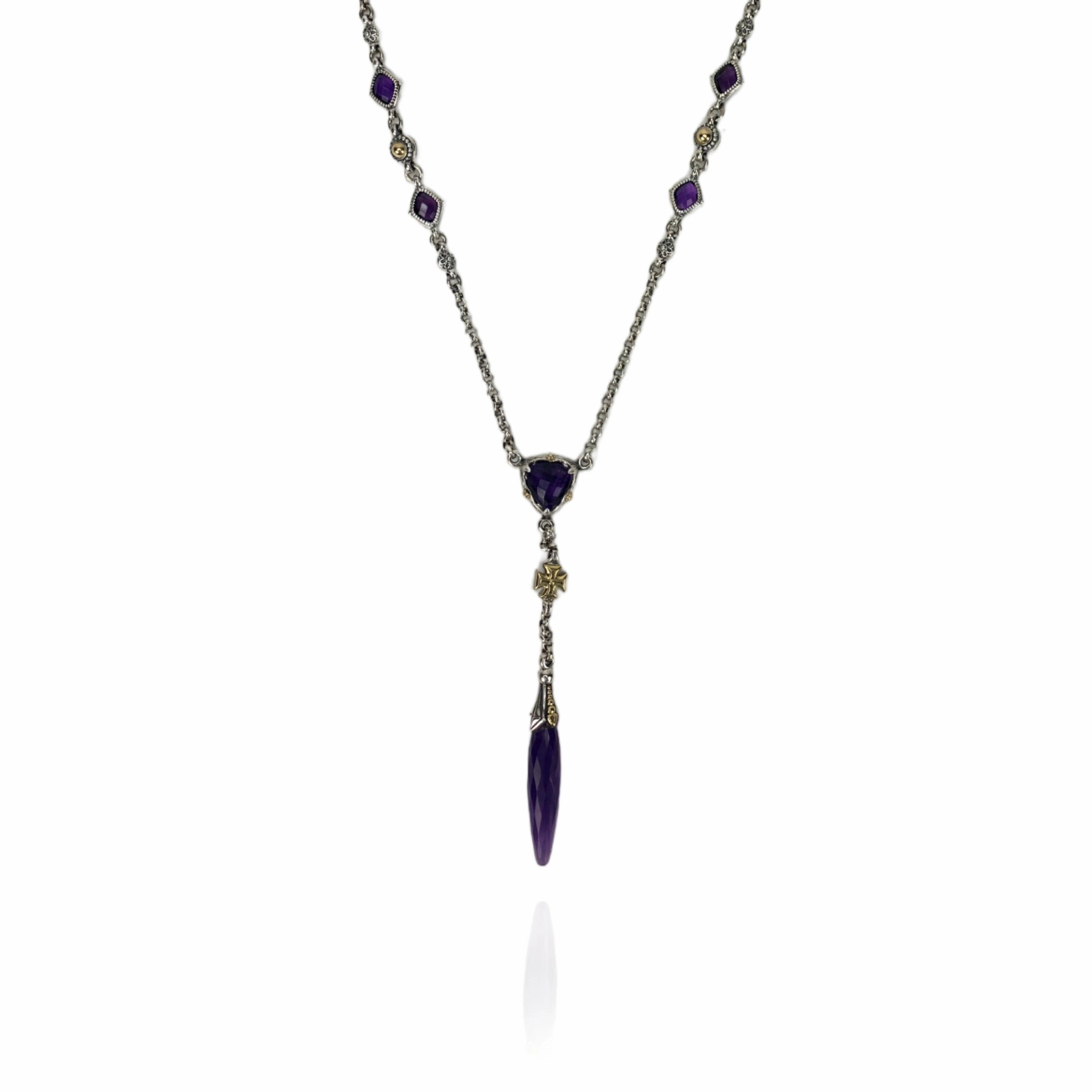 Konstantino Two Tone 22" Anthos Amethyst Cross and Dagger Drop Necklace