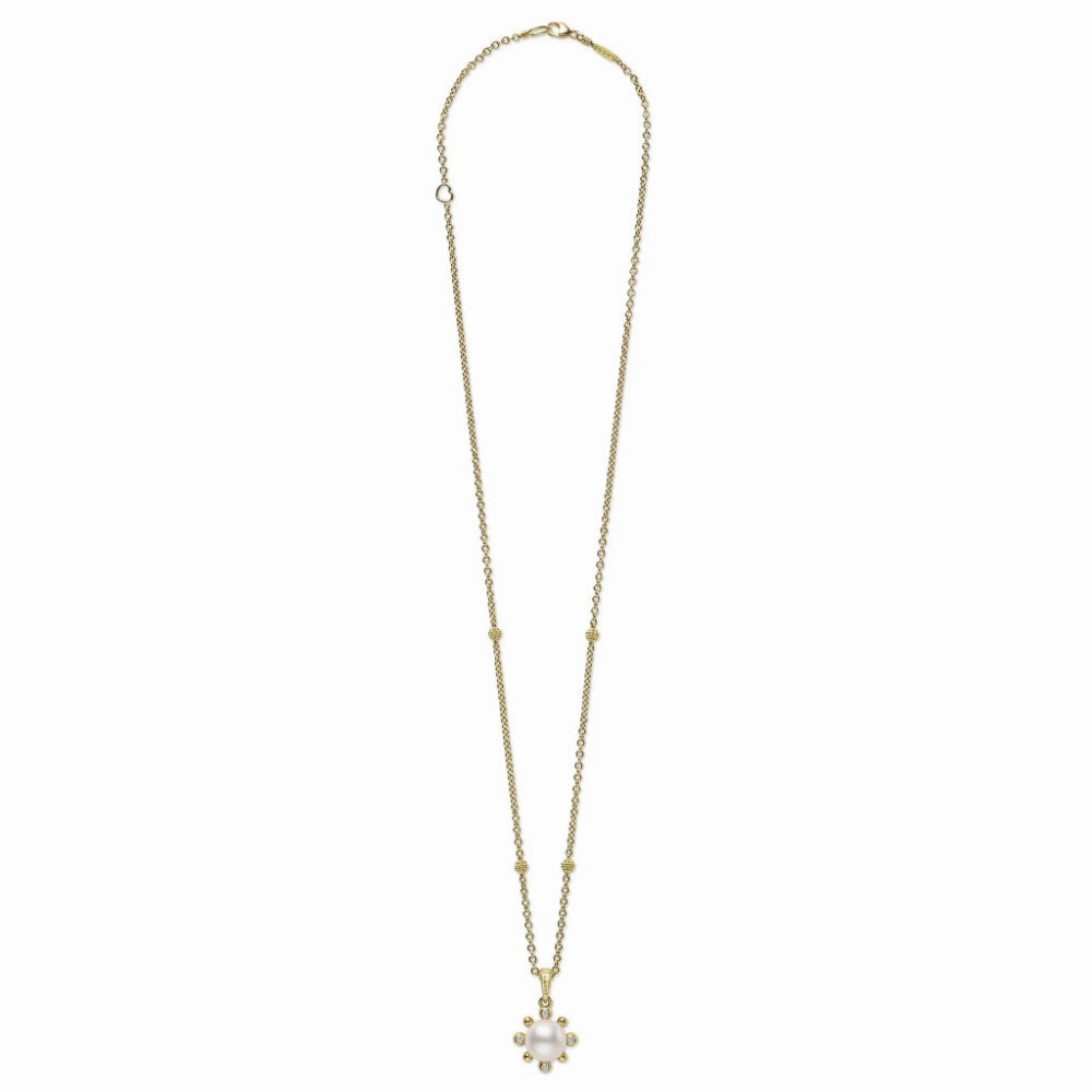 Lagos Luna 18k Gold Fleur Pearl Diamond Pendant Necklace