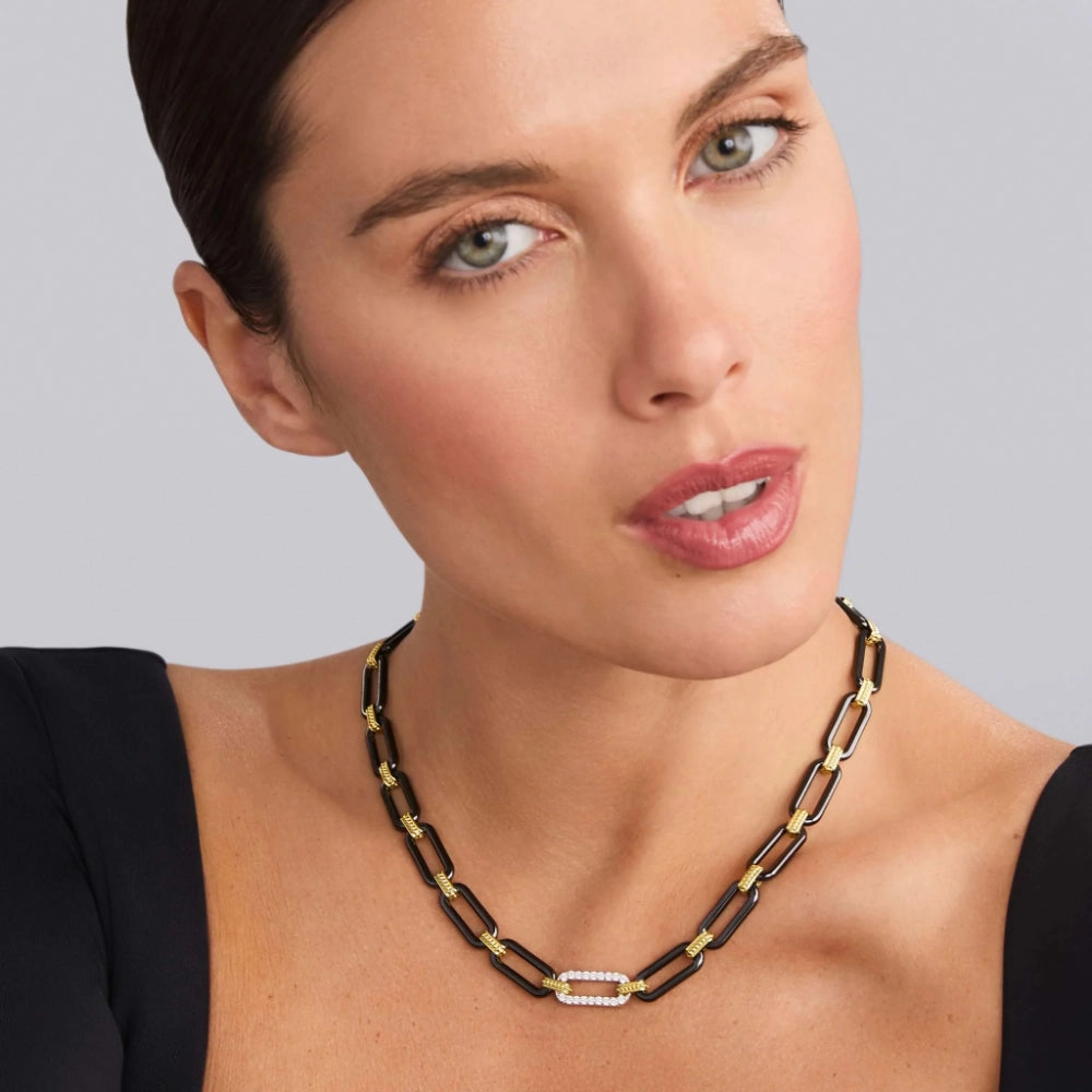 Lagos Signature Caviar 18k Gold and Black Ceramic Diamond Station Link Necklace, 9mm