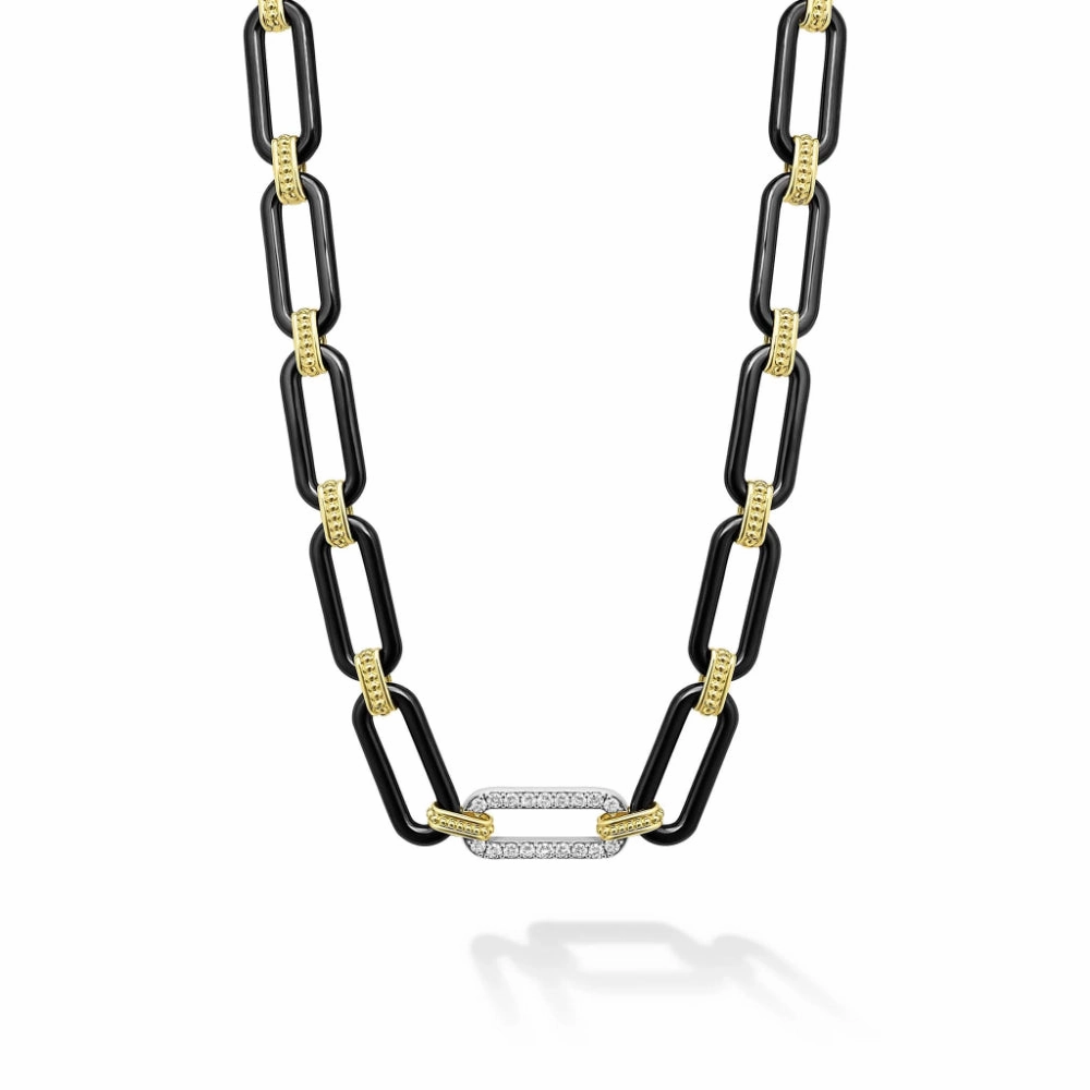 Lagos Signature Caviar 18k Gold and Black Ceramic Diamond Station Link Necklace, 9mm