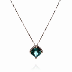 Lisa Nik 18k Rose Gold Cushion Indicolite and Diamond Halo Pendant Necklace
