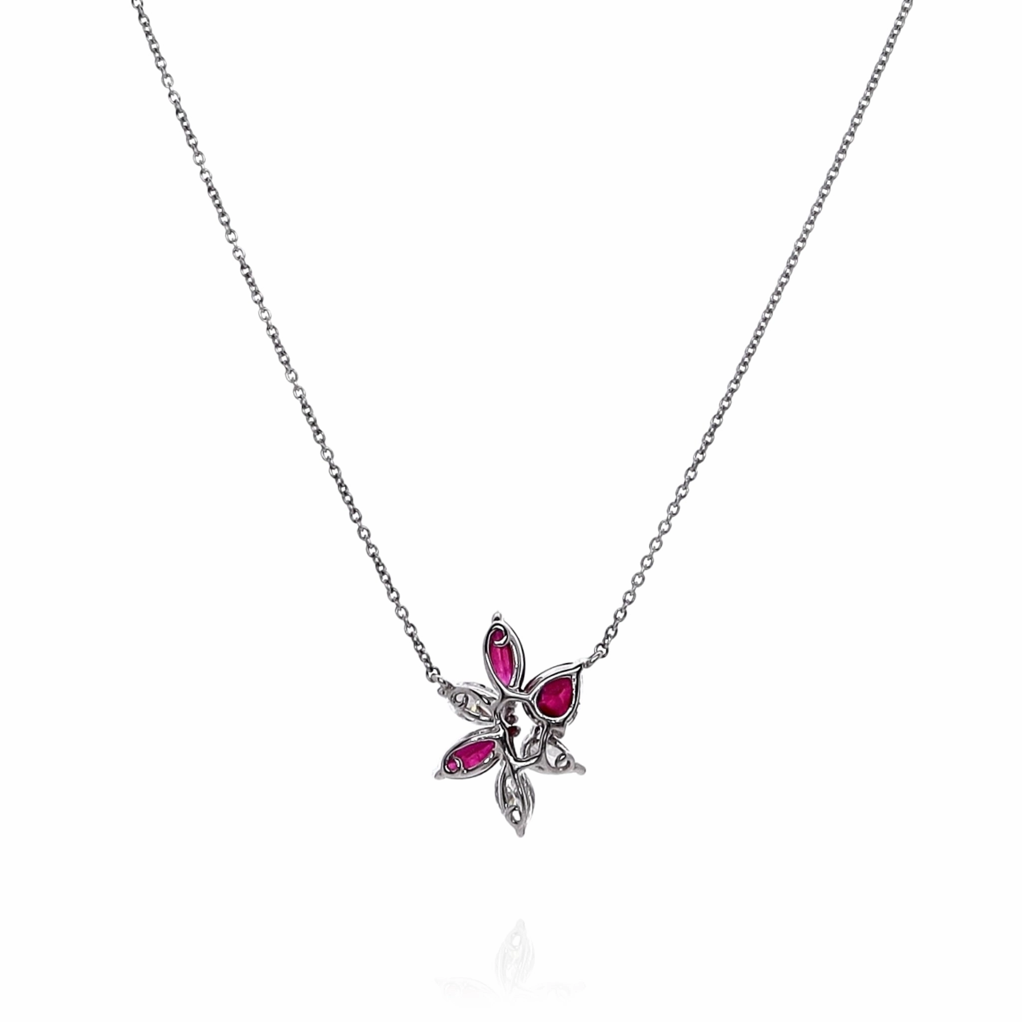 Lisa Nik 18k White Gold Flower Design Ruby and Diamond Pendant Necklace