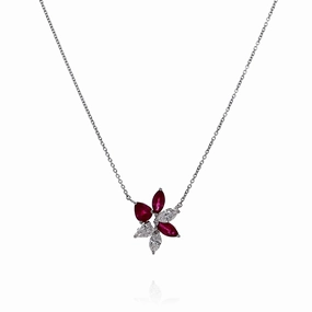 Lisa Nik 18k White Gold Flower Design Ruby and Diamond Pendant Necklace