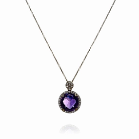 Lisa Nik 18k Yellow Gold Amethyst and Diamond Halo Pendant Necklace