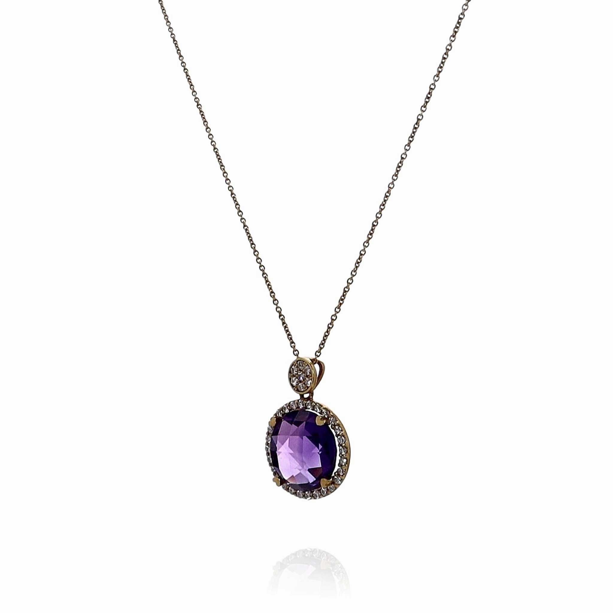 Lisa Nik 18k Yellow Gold Amethyst and Diamond Halo Pendant Necklace